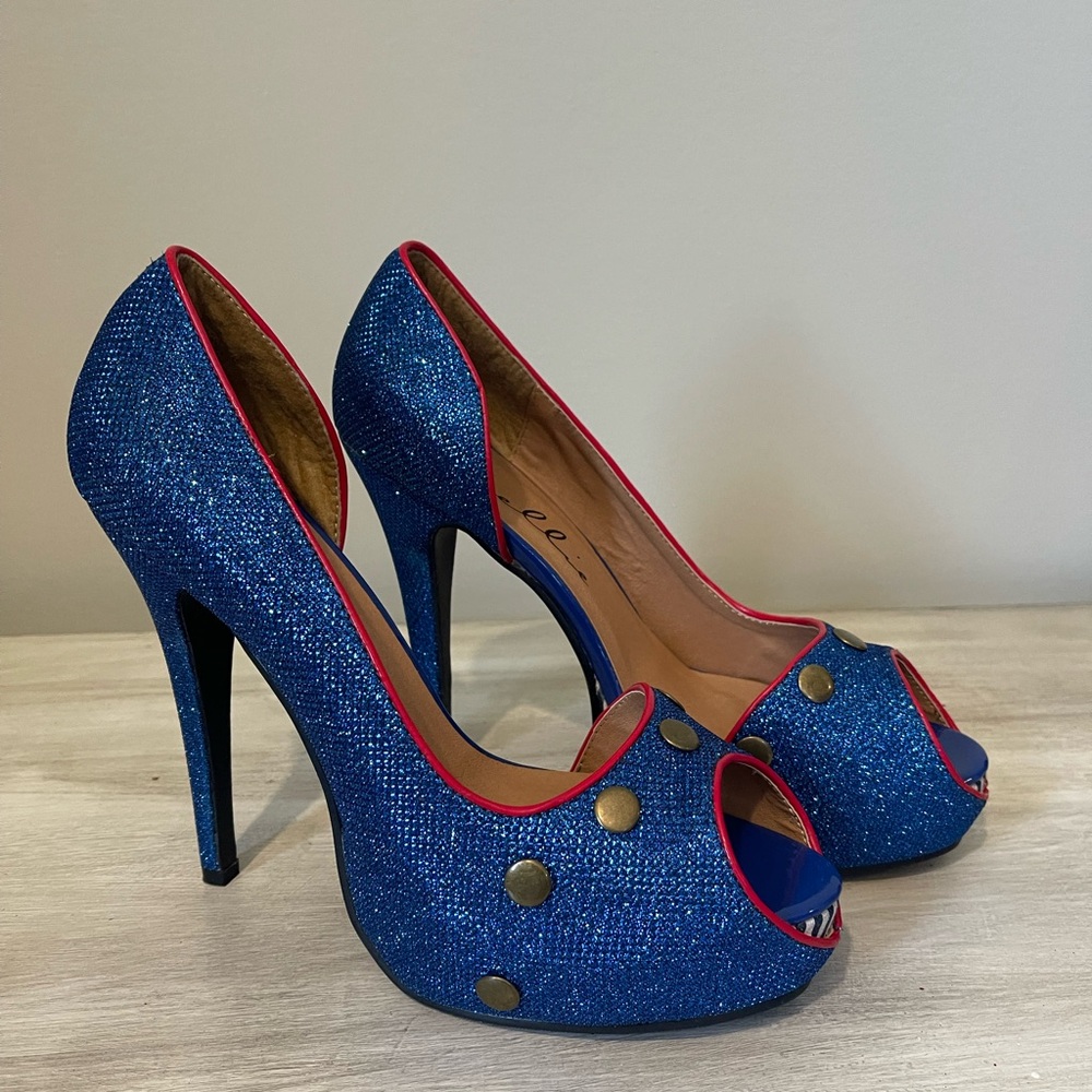 Ellie Blue and Red Peep Toe Heels